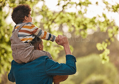 Buy stock photo Piggyback, love and father with child in park for support, playful and games. Relax, freedom and adventure with man carrying baby in nature for family, summer and vacation together with mockup space