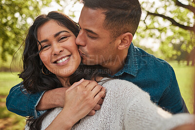 Buy stock photo Nature portrait, selfie or couple kiss for romantic outdoor date, bonding and photography on love journey in forest woods. Park, face or relax man, woman or marriage people affection for memory photo
