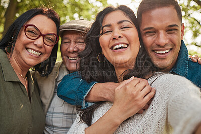 Buy stock photo Family, parents and selfie by couple on a vacation or holiday happy together and with outdoor social media picture. Smile, portrait and mother bonding with children and father in nature for travel