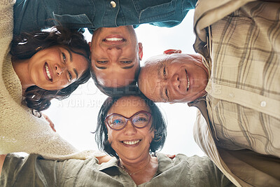 Buy stock photo Portrait, smile and family in a huddle with senior parents from below during a summer day closeup. Love, support and elderly people with a son or daughter in law in a circle together for bonding