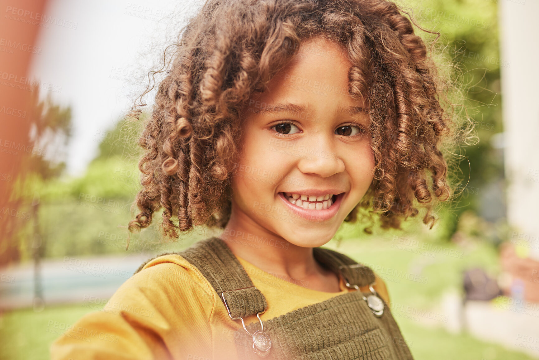 Buy stock photo Selfie, happy and portrait of a child in a park playing on a summer vacation, holiday or adventure. Happiness, natural smile and face of boy kid from Colombia taking picture in green garden in nature