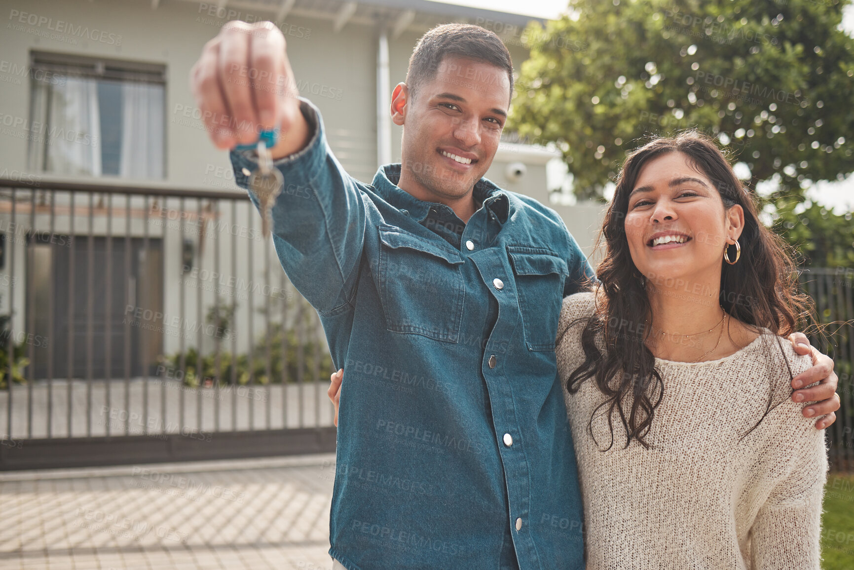 Buy stock photo Happy couple, portrait and real estate with keys to new home in property investment together. Man and woman or homeowners smile for moving in, buying or building loan in asset, finance or investing
