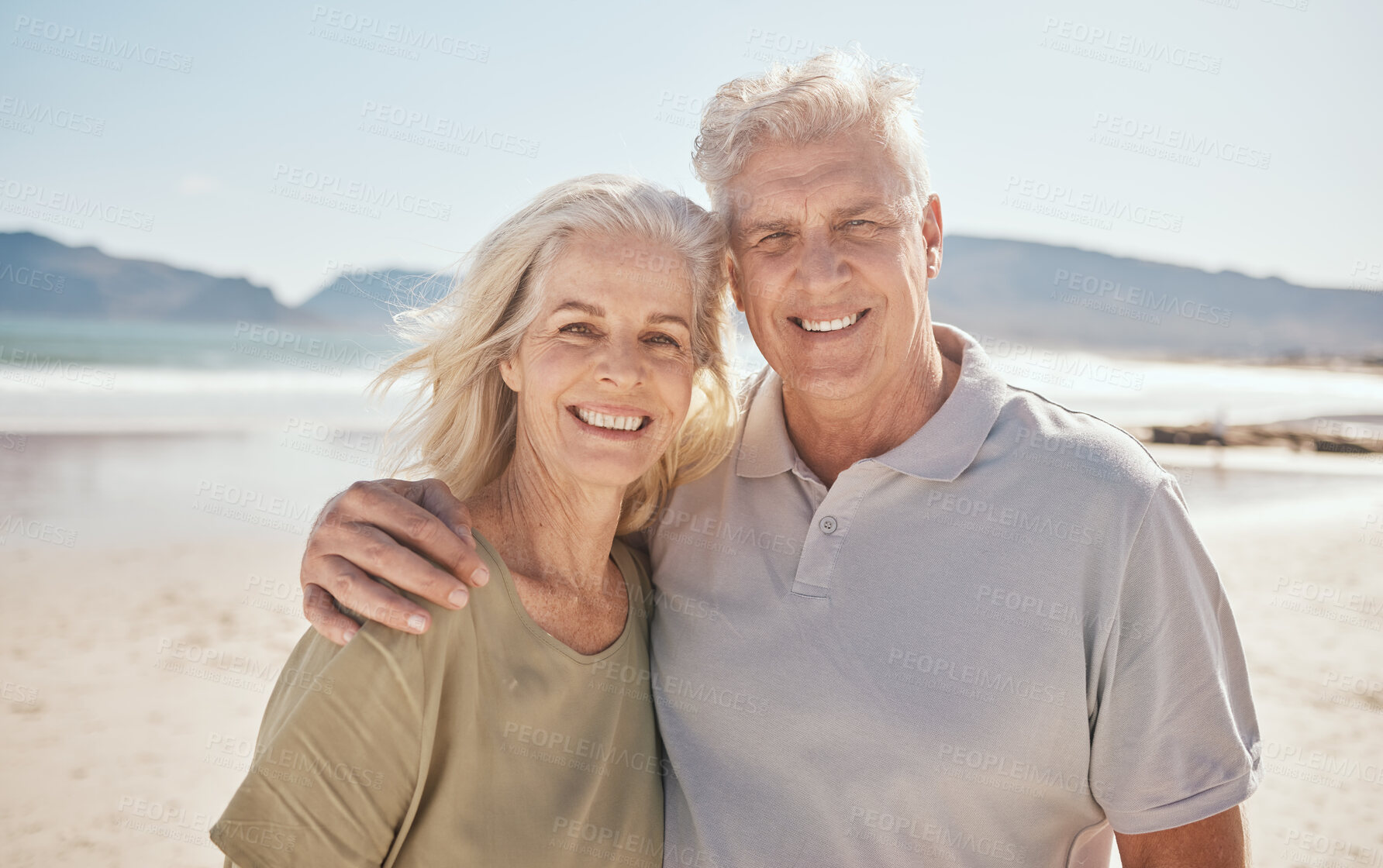 Buy stock photo Smile, portrait and senior couple at the beach on retirement anniversary vacation together. Happy, love and elderly man and woman by ocean on romantic holiday, adventure or weekend trip in Australia.