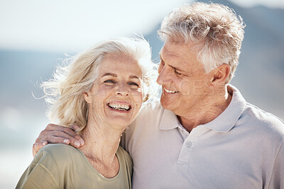 Buy stock photo Senior couple, laughing and outdoor at beach with happiness, freedom and care on vacation. Face of a man and woman on retirement holiday, adventure and romantic trip in nature to relax and travel