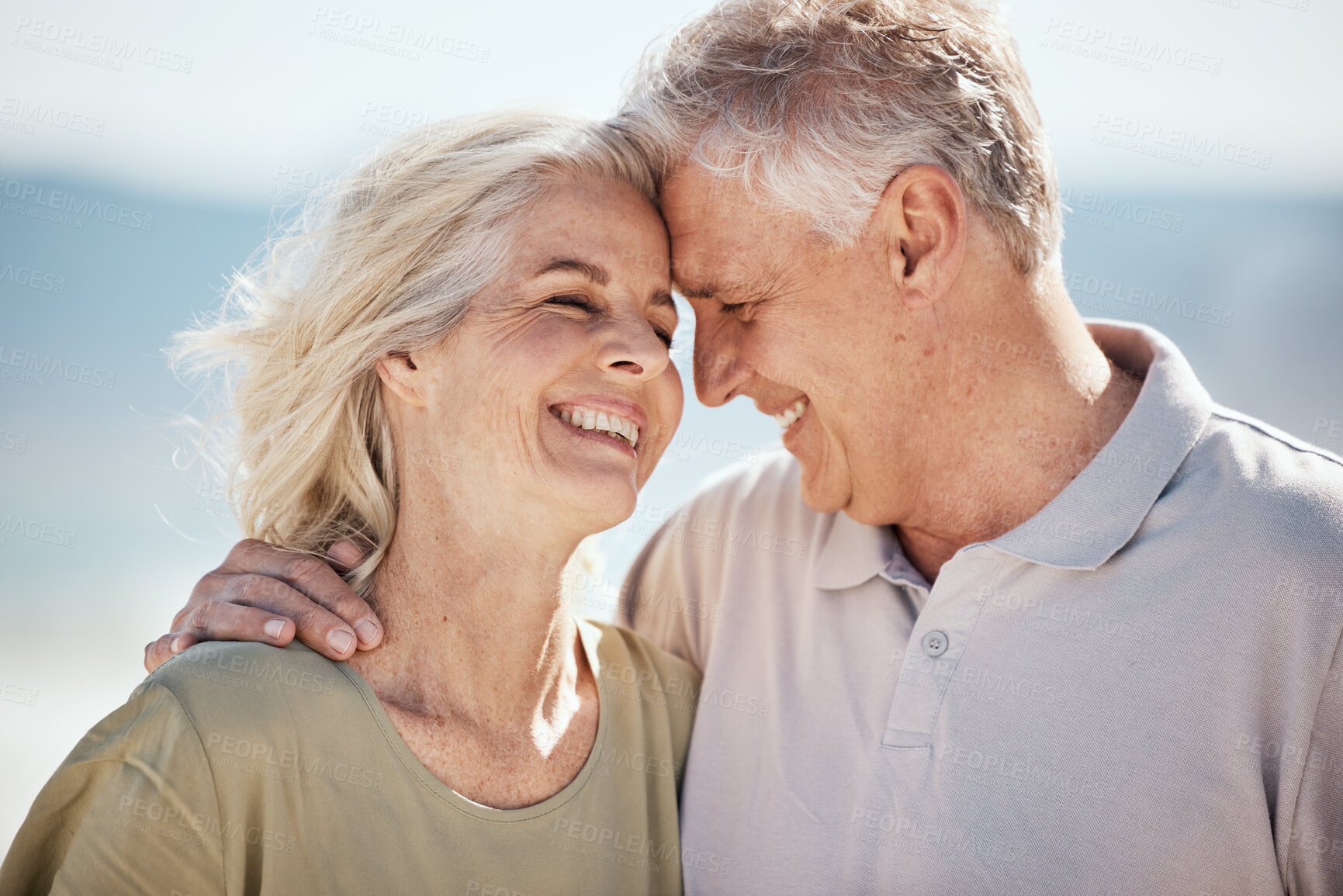 Buy stock photo Senior couple, happy and outdoor at the beach with love, freedom and care on vacation. Face of a man and woman on retirement holiday, adventure and romantic trip in nature to relax and travel