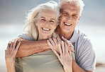 Beach portrait, hug and senior happy couple relax for outdoor wellness, nature freedom or travel holiday. Love, care and elderly woman, old man or marriage people hugging on romantic vacation date
