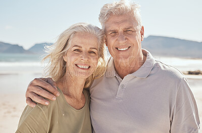 Buy stock photo Beach, happy and portrait of senior couple on a romantic vacation, holiday or weekend trip. Smile, travel and elderly man and woman in retirement bonding by the ocean on an outdoor adventure together