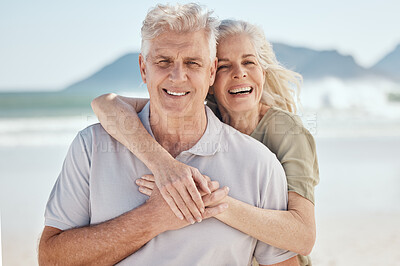 Buy stock photo Hug, love and senior couple at the beach on a romantic vacation, adventure or weekend trip. Happy, smile and portrait of elderly woman and man in retirement embracing by ocean on holiday in Australia