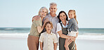 Portrait, smile and big family on beach together, adventure and summer vacation travel to tropical island. Men, women and children on happy ocean holiday with grandparents, parents and kids in Bali.