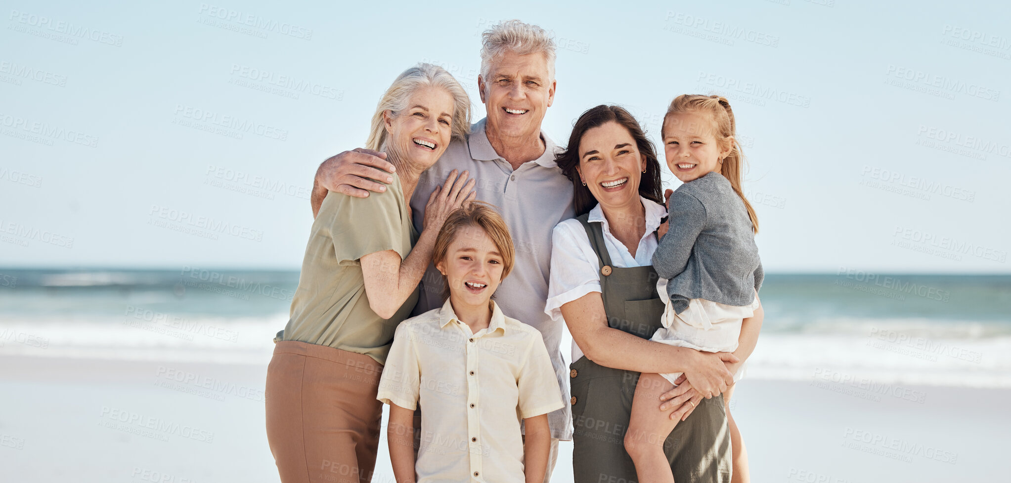 Buy stock photo Portrait, smile and big family on beach together, adventure and summer vacation travel to tropical island. Men, women and children on happy ocean holiday with grandparents, parents and kids in Bali.