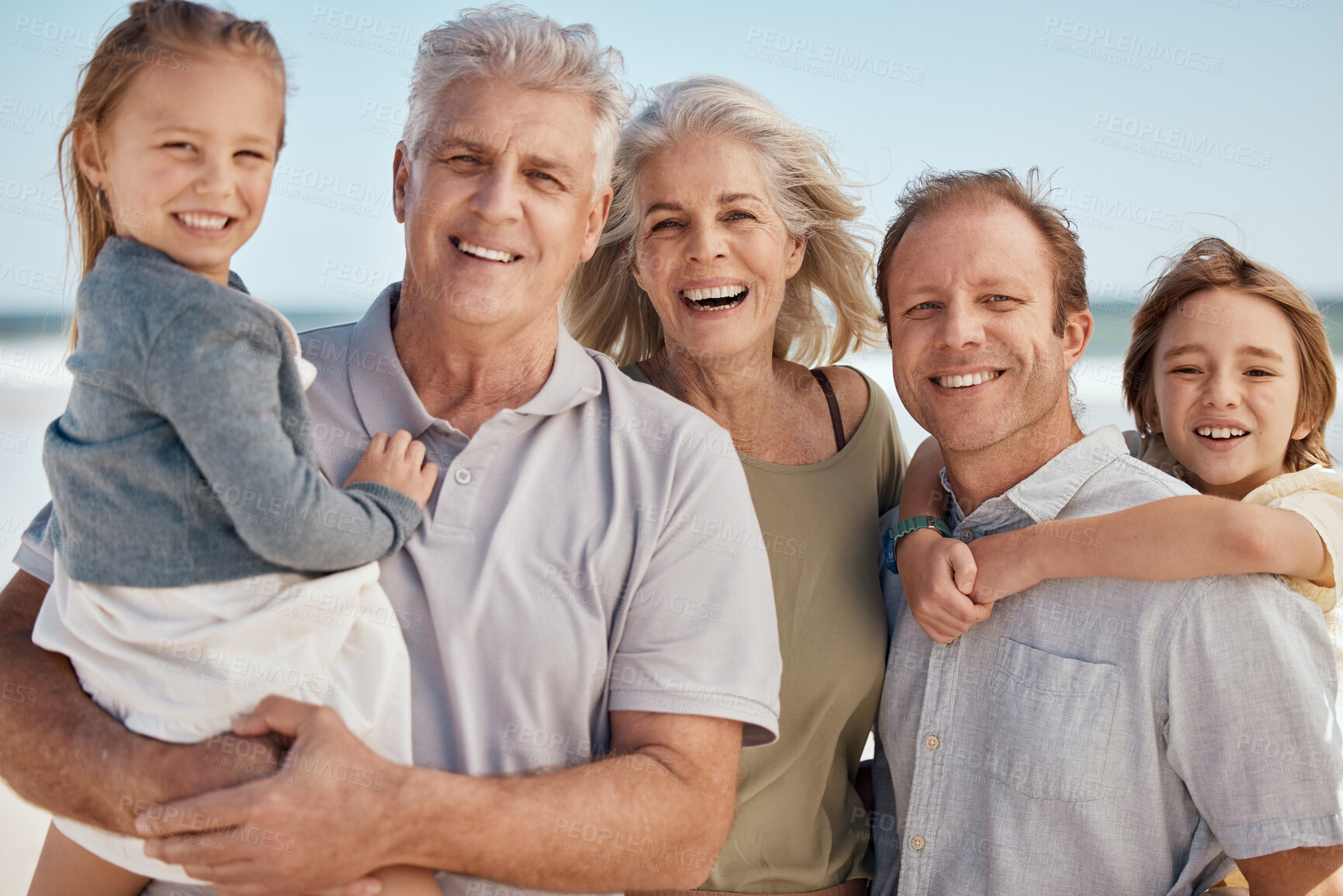 Buy stock photo Portrait, holiday and big family on beach together, smile and summer vacation travel to tropical island. Men, women and children on happy ocean adventure with grandparents, parents and kids in Bali.