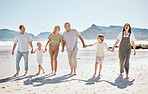 Family holding hands on beach, generations and adventure with grandparents, parents and kids outdoor. Happiness, travel and sea with love and care, people on holiday with trust and support in nature