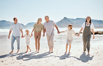 Buy stock photo Family holding hands on beach, generations and adventure with grandparents, parents and kids outdoor. Happiness, travel and sea with love and care, people on holiday with trust and support in nature