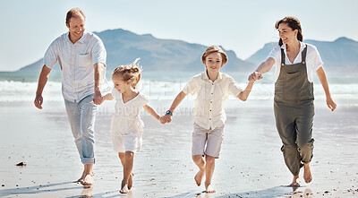 Buy stock photo Adventure, running and family holding hands at the beach on vacation, holiday or weekend trip  together. Bonding, fun and children playing with their mother and father by the ocean for fresh air.