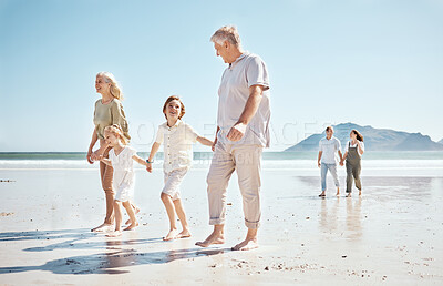 Buy stock photo Grandparents, kids and holding hands on beach, family and parents with trust and support, tropical holiday and travel. Happiness, nature and sea with love and care, generations and people on vacation
