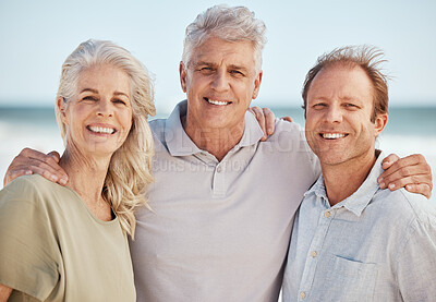 Buy stock photo Beach, senior parents or happy man in portrait together on summer holiday vacation with smile or love. Family, support or son bonding with a mature dad or proud mother at sea in Australia to relax