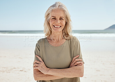 Buy stock photo Beach portrait, arms crossed and senior woman relax for outdoor wellness, nature freedom or travel holiday in Canada. Sand, ocean sea water and elderly person smile for retirement vacation happiness