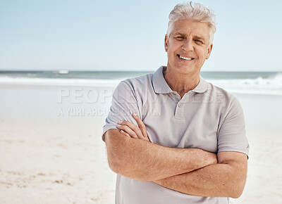 Buy stock photo Beach portrait, arms crossed and senior man relax with summer sunshine, nature freedom or travel holiday in Australia. Morning fresh air, ocean and mature person smile for retirement vacation getaway