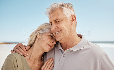 Buy stock photo Love, hug and relax with old couple at beach for summer vacation, anniversary and support. Happy, retirement and holiday with senior man and woman on seaside date for wellness, partner and commitment