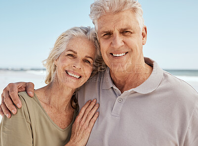 Buy stock photo Senior, portrait and happy couple on beach holiday, bonding or weekend in love, care or support. Mature man and woman smile in happiness for outdoor vacation, date or relationship on the ocean coast