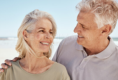 Buy stock photo Happy, love and senior couple at the beach on romantic anniversary vacation, holiday or adventure. Travel, smile and elderly man and woman in retirement by the ocean on a summer weekend trip together