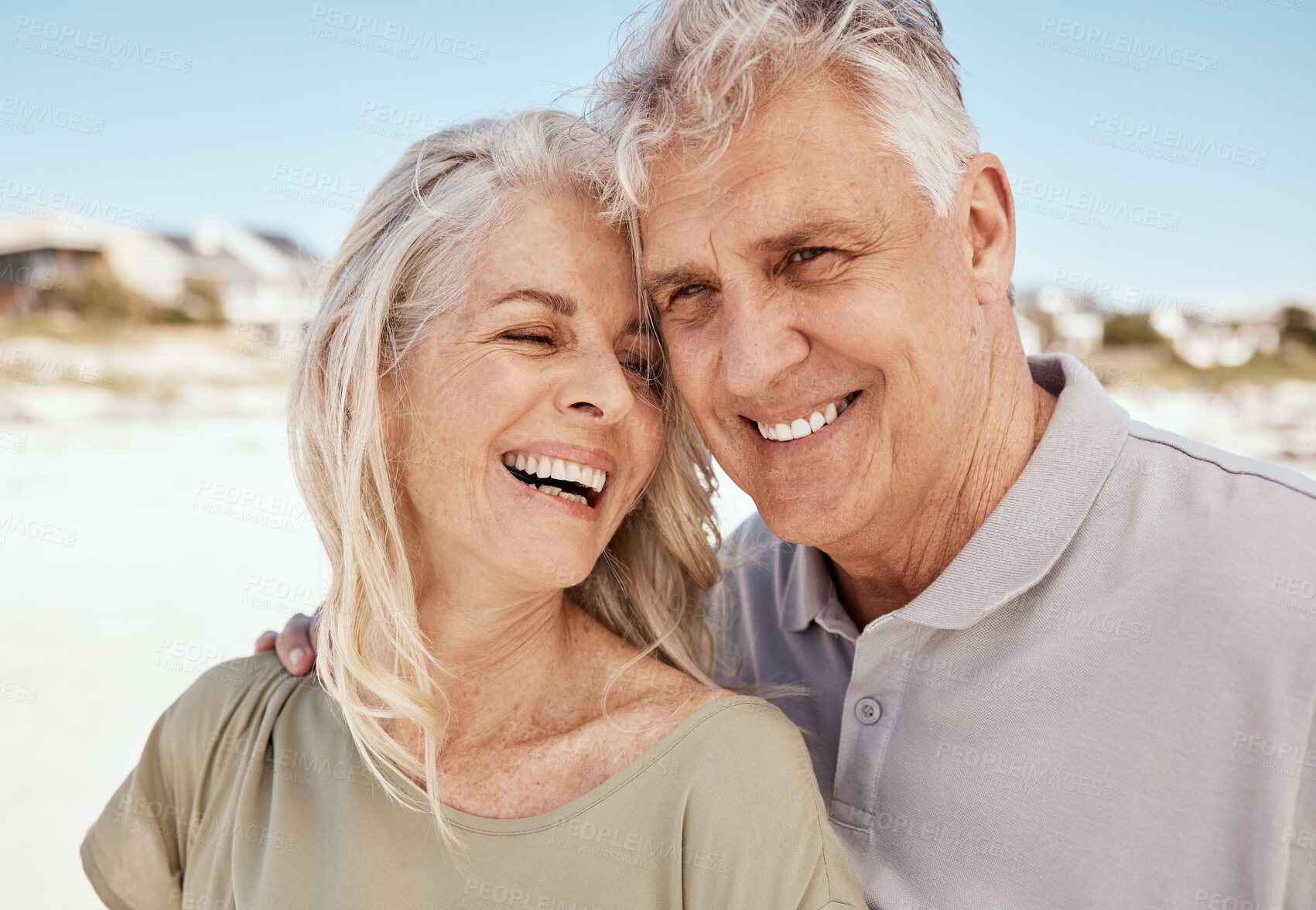 Buy stock photo Beach, vacation and senior couple with love, smile and retirement with romance, bonding and loving together. People, old woman and elderly man with happiness, romantic and seaside holiday with travel