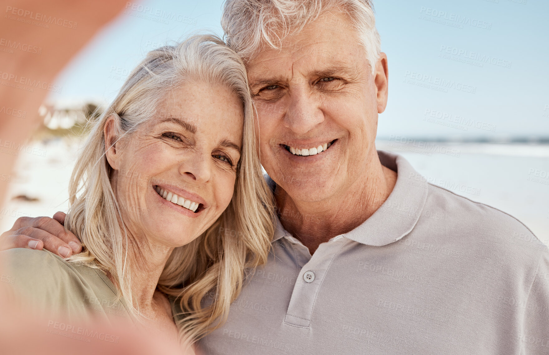 Buy stock photo Old couple, selfie and smile in portrait on beach, love and travel with social media memory and wellness. Hug, smile in picture and trust, commitment and partner with marriage, retirement and holiday