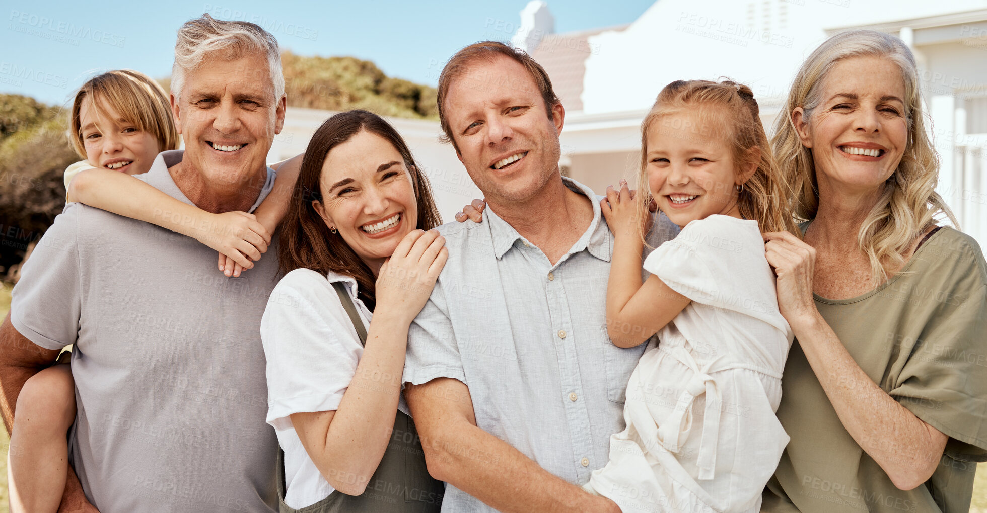 Buy stock photo Portrait, big family and happy at house, bonding and funny laugh together. Face of grandparents, children and mother with father, smile and senior man, woman and having fun outdoor at home backyard