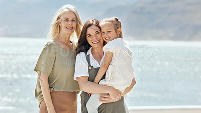 Buy stock photo Beach, portrait and girl with her grandmother and mother on vacation, adventure or holiday. Happy, smile and family generations of women by the ocean for bonding on weekend trip together in Australia