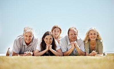 Buy stock photo Family, generations and portrait, people outdoor on lawn with grandparents, parents and child. Happiness, people relax in nature while on vacation with mockup space, bonding with love and care, 