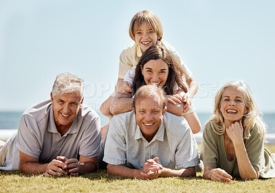 Buy stock photo Happy family, picnic and grandparents with child and parents on tropical vacation or outdoor holiday for bonding. Portrait, smile and kid with grandfather travel with mother, father and grandmother