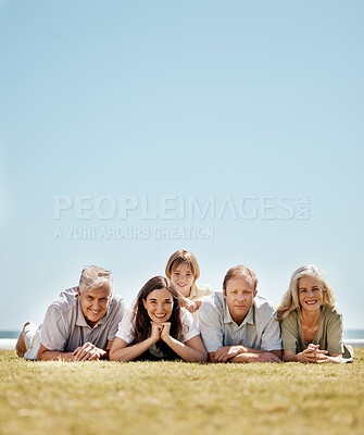 Buy stock photo Big family, picnic and grandparents with children and parents in mockup space and on vacation or outdoor holiday. Portrait, happy and kids with grandfather travel with mother, father and grandmother