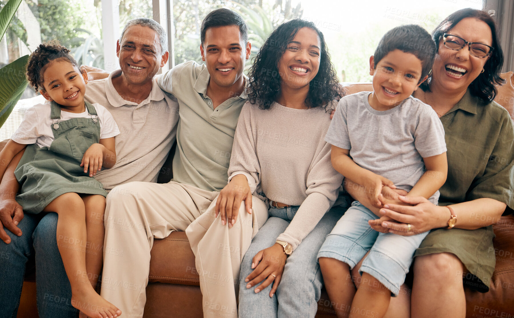 Buy stock photo Happy big family, portrait and bonding on holiday, weekend or break in relax on living room sofa at home. Parents, grandparents and children smile in happiness, love or care together at the house