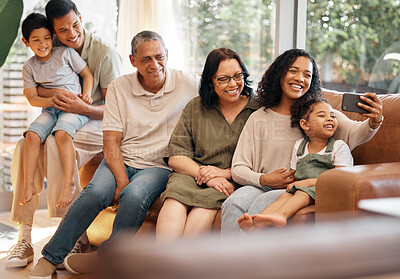Buy stock photo Happy family, selfie and grandparents and kids on sofa for holiday, love and relax together at home. Interracial people, mother and father with children in living room, profile picture or photography