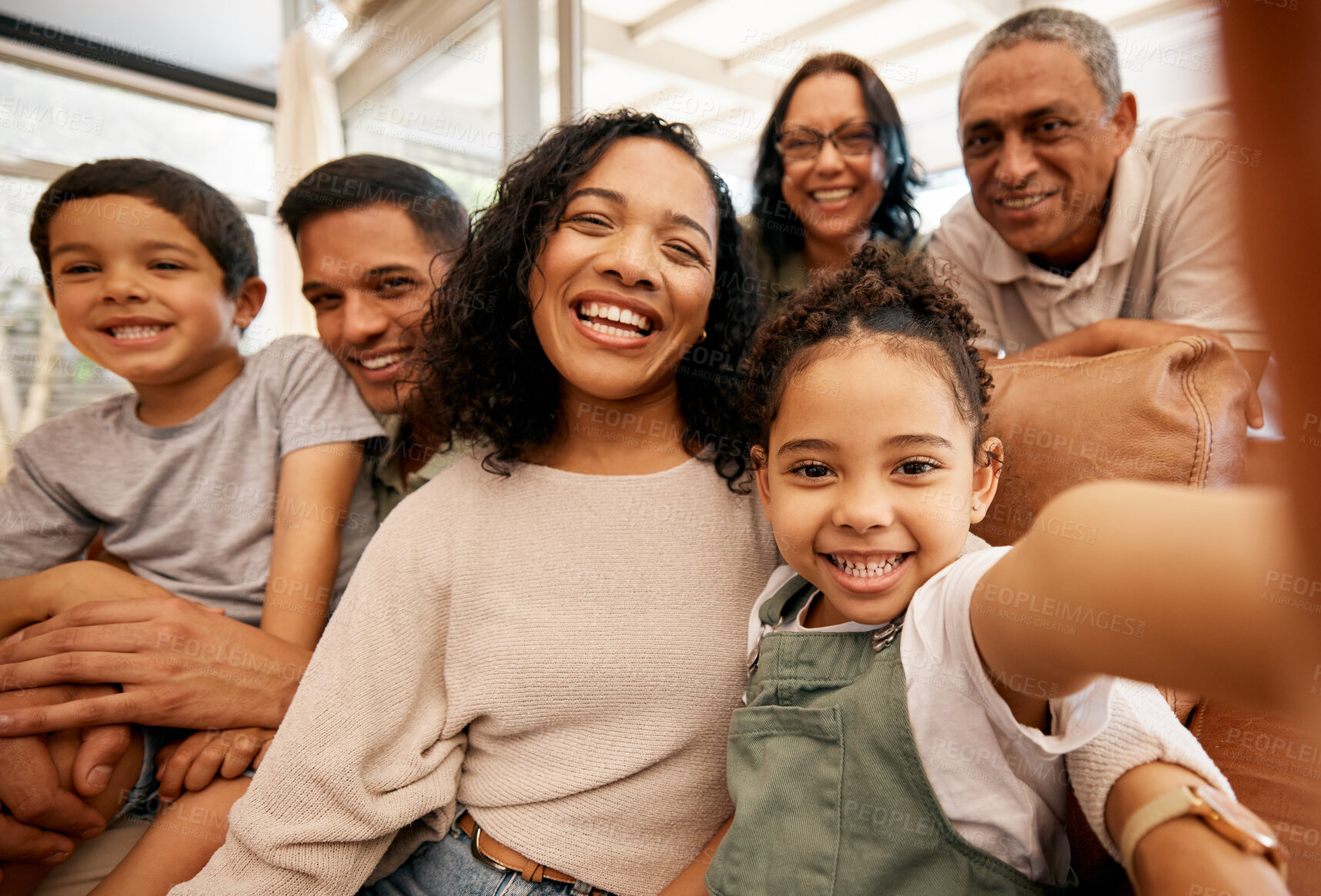 Buy stock photo Family, selfie portrait and grandparents and children on sofa for happy holiday, love and relax together at home. Interracial people, mother and father with kids in profile picture or photography