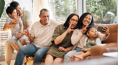Buy stock photo Happy big family, sofa and selfie in photography, memory or holiday weekend and bonding together at home. Parents, grandparents and kids smile for photograph, picture or social media in living room