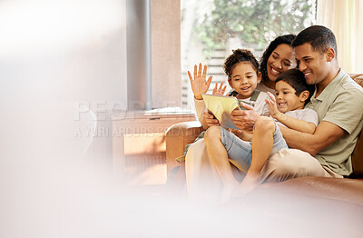 Buy stock photo Tablet, video call and family with wave, love and smile on a living room sofa at home. Mother, dad and children together with online communication of parents and kids with discussion and mockup space