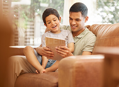 Buy stock photo Family, child and father on tablet and sofa in e learning, funny games and school or online education with love and support. Happy dad, man and kid on couch, home or living room on digital technology