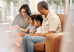 Home, story learning and grandparents support with children and book for education. Studying, kid and grandfather with teaching, communication and reading for development and conversation in house