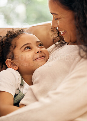 Buy stock photo Love, woman and child embrace on sofa, bonding and smile together in living room of home. Relax, hug and happy relationship with mother and daughter on couch with care, support and security in lounge