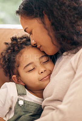 Buy stock photo Love, kiss and mother hug girl child on a sofa with trust, support and bond at home together. Family, relax and kid embrace mom in a living room peaceful, protection or safety and security in a house