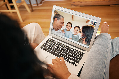 Buy stock photo Video call, laptop screen and relax with face of family for communication, contact or connection. Happy, virtual and technology with senior people and children at home for website, online and chat