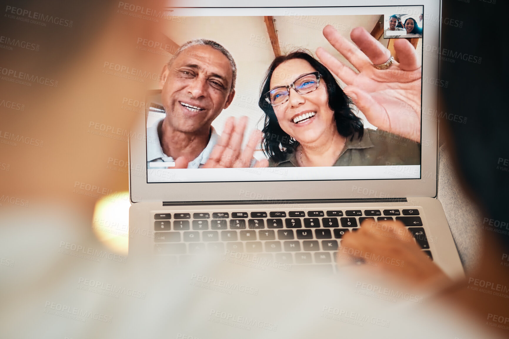 Buy stock photo Video call, laptop screen and wave with face of family for communication, contact or connection. Happy, digital and technology with senior people at home for excited, website or online chat together