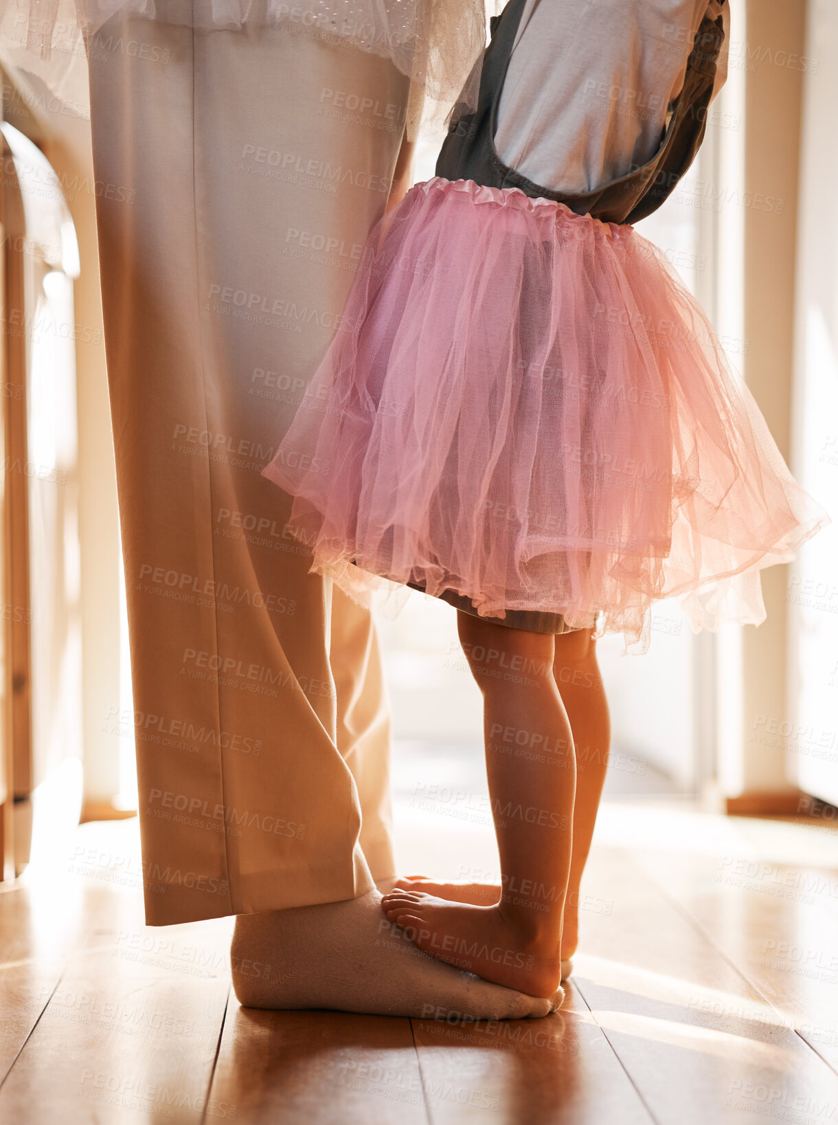Buy stock photo Dance, ballet and feet of father and daughter for learning, support and love. Music, help and youth with closeup of man and young girl in family home for teaching, creative and princess together