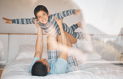 Buy stock photo Kid, father and smile on bed for airplane games, support and relax at home for crazy fun. Portrait, dad and boy child excited to fly in bedroom for freedom, fantasy or balance of play, care or energy