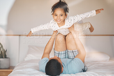 Buy stock photo Child, happy and father on bed for airplane games, support or relax at home for crazy fun. Portrait, dad and girl kid excited to fly in bedroom for freedom, fantasy or balance of play, care or energy