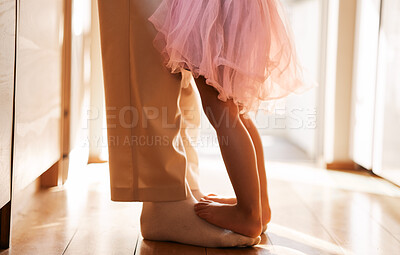 Buy stock photo Dance, learning and feet of father and daughter for ballet, support and love. Music, help and youth with closeup of man and young girl in family home for teaching, creative and princess together