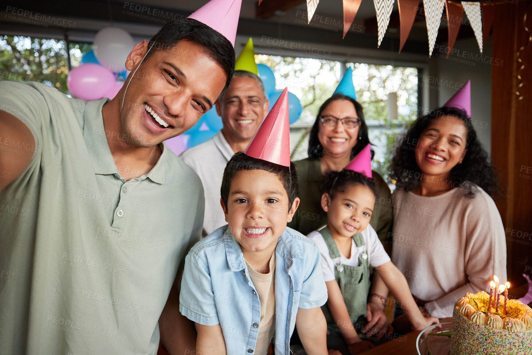 Buy stock photo Family selfie, birthday party and cake with kids, celebration and support with smile, hat and portrait in home. Children, memory and profile picture with love, food and dessert with social media post