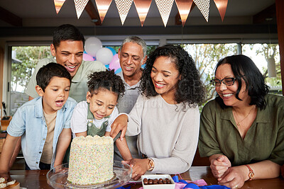 Buy stock photo Family, birthday cake and excited at party to celebrate and cut slice together for dessert. Fun, happy and event for parents and grandparents with young children at a table for holiday celebration