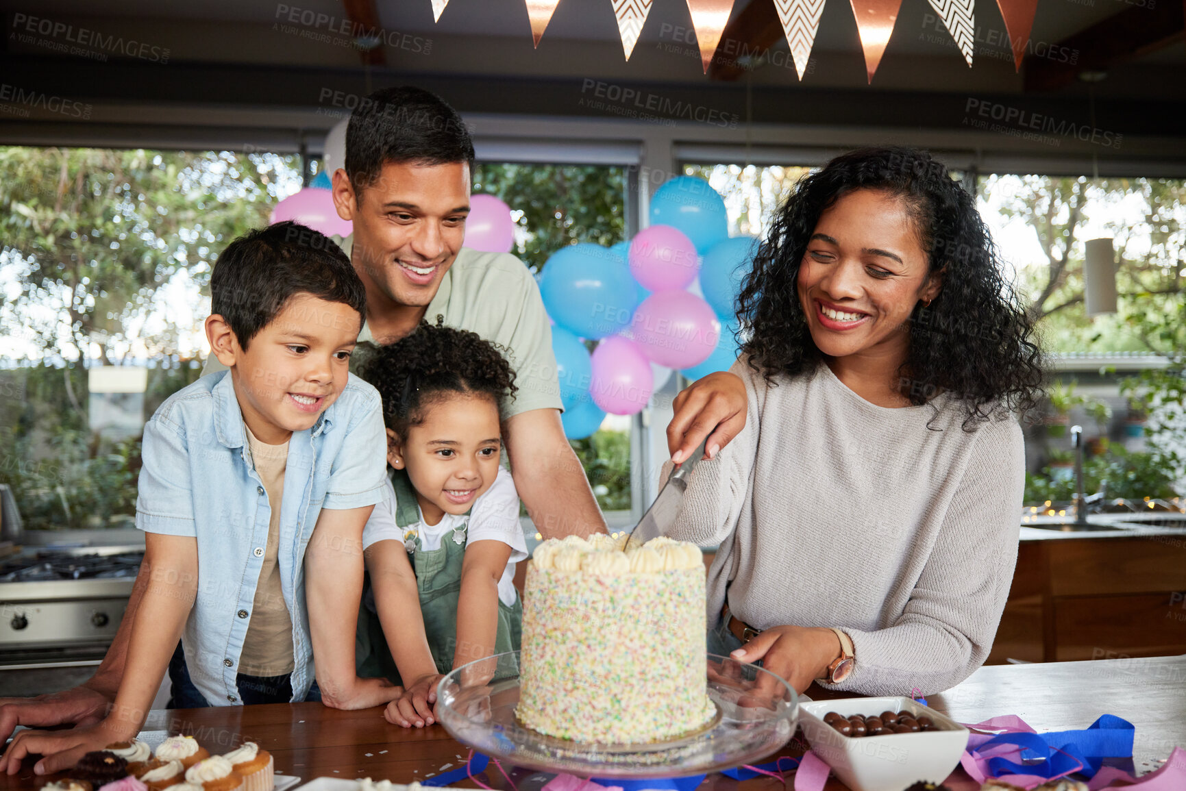 Buy stock photo Birthday cake, excited and family at party to celebrate and cut slice together for dessert. Fun, surprise or event with happy mother, father and young children at a table for celebration or holiday
